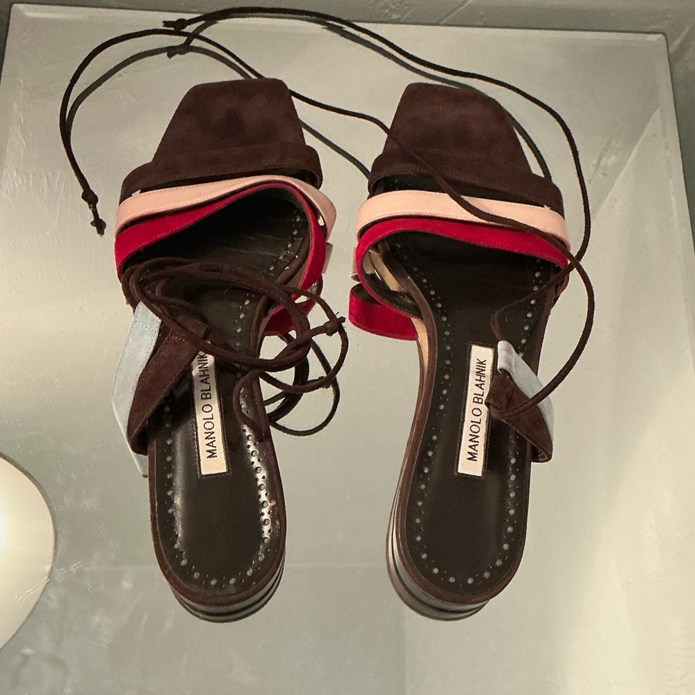 Manolo Blahnik VERY RARE Olientamu Sandals with a blue suede side and lace tie